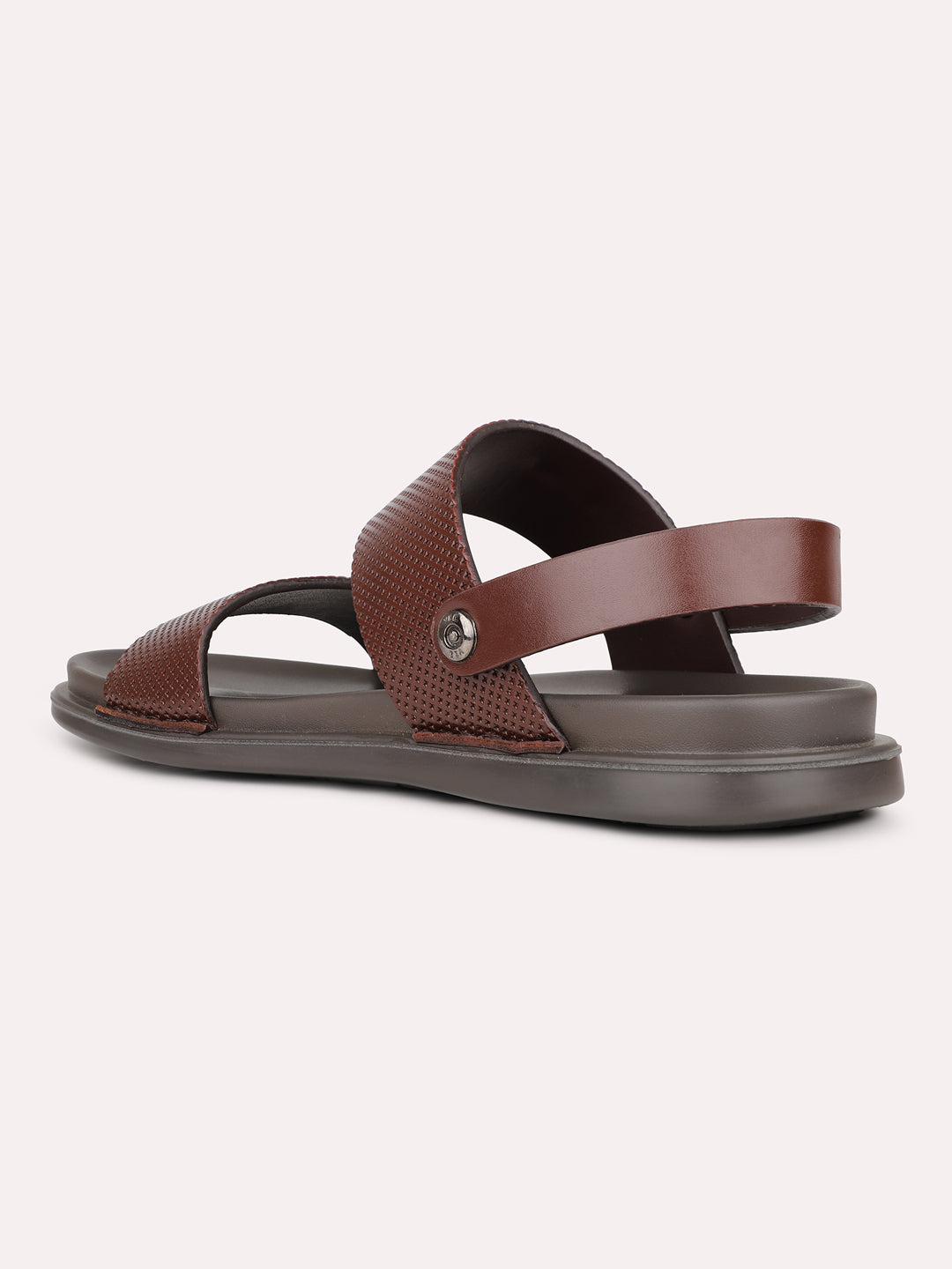 Mens Brown Solid Round Toe Flat Leather Sandals