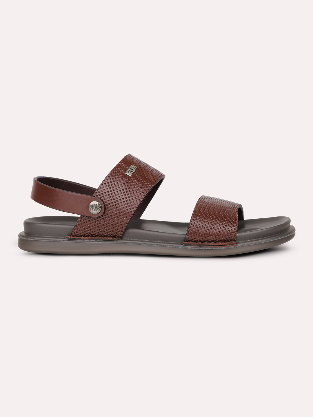 Mens Brown Solid Round Toe Flat Leather Sandals