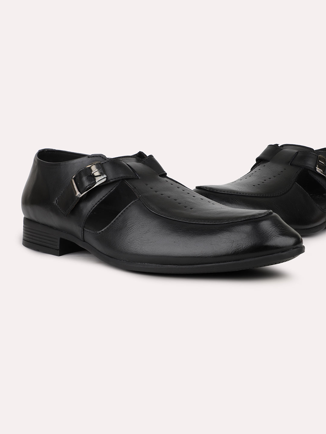 Mens Black Solid Round Toe Formal Leather Monk Shoes