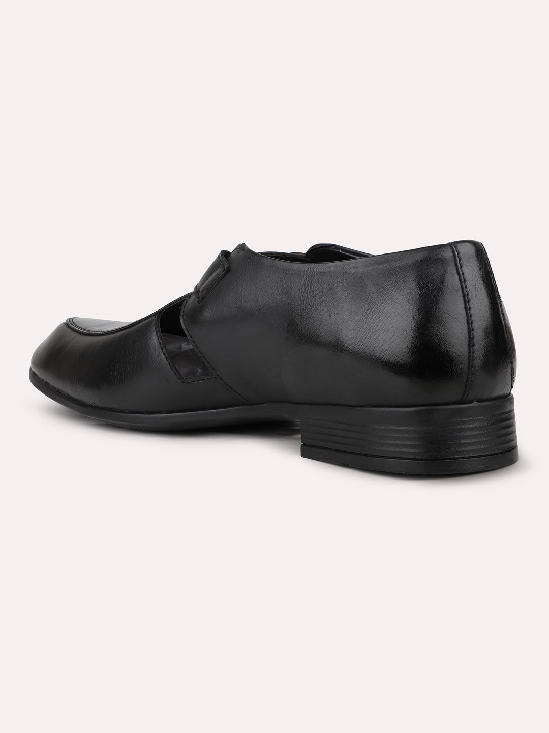 Mens Black Solid Round Toe Formal Leather Monk Shoes