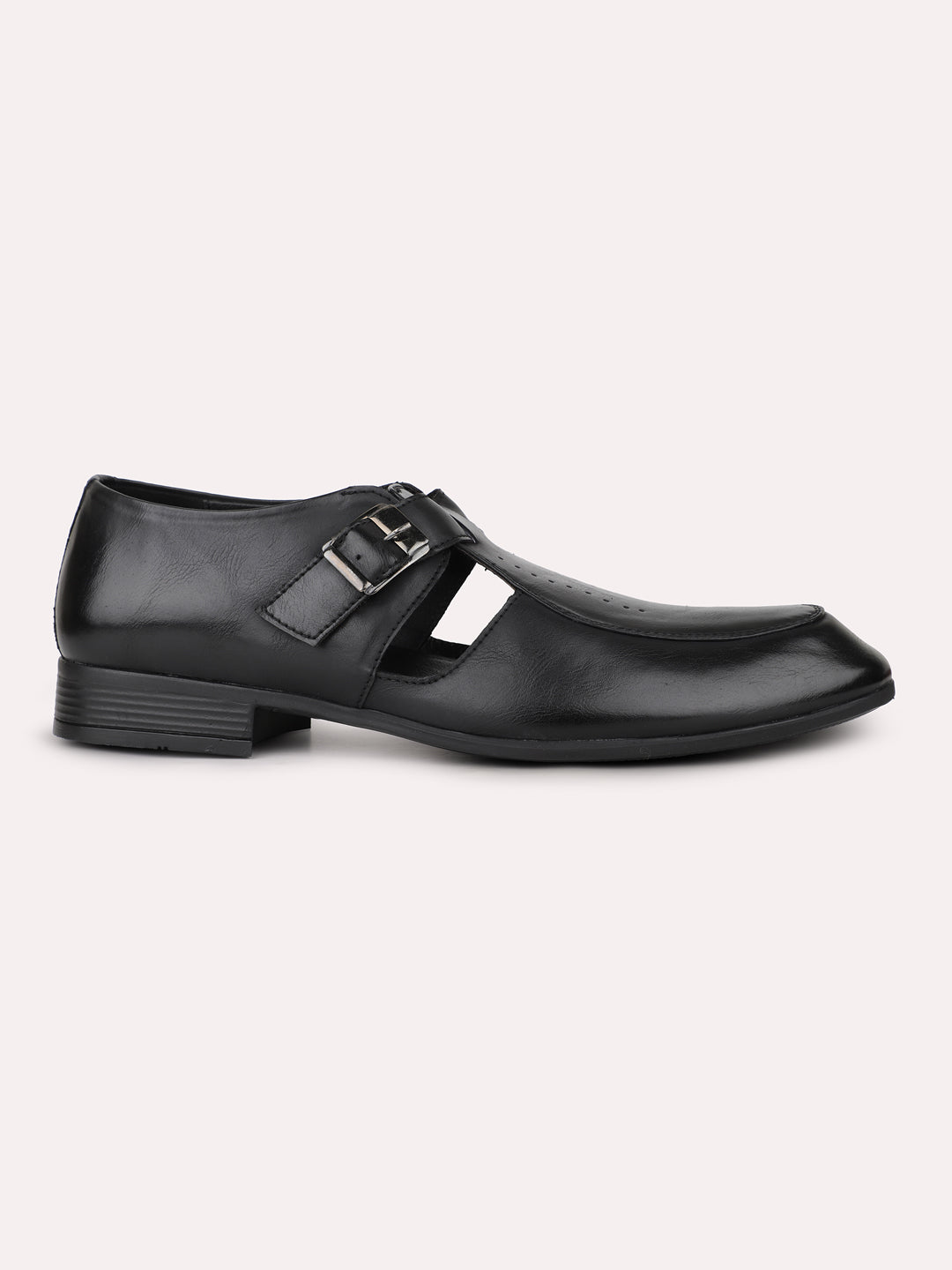 Mens Black Solid Round Toe Formal Leather Monk Shoes