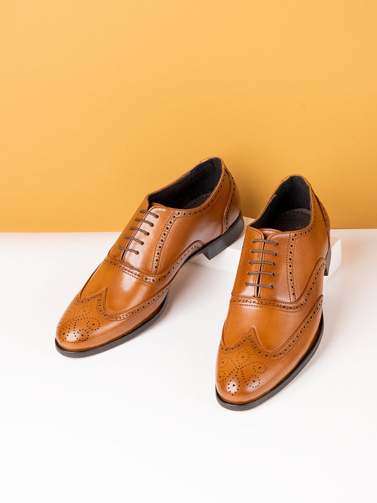 Mens Tan Solid Formal Oxford Leather Brogue Shoes