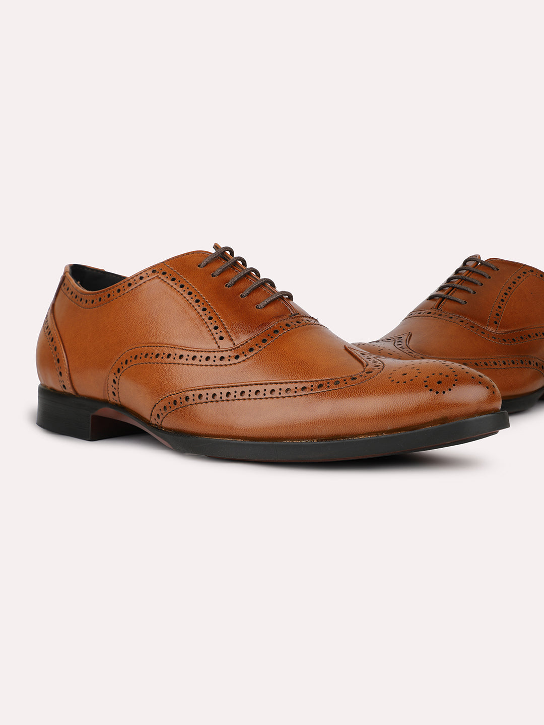 Mens Tan Solid Formal Oxford Leather Brogue Shoes