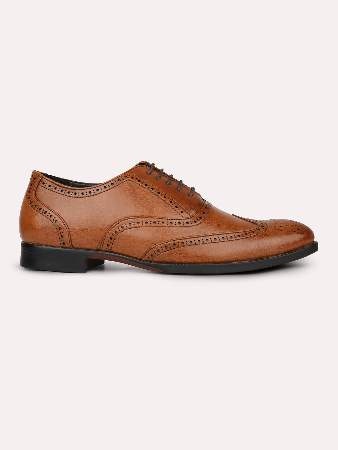 Mens Tan Solid Formal Oxford Leather Brogue Shoes