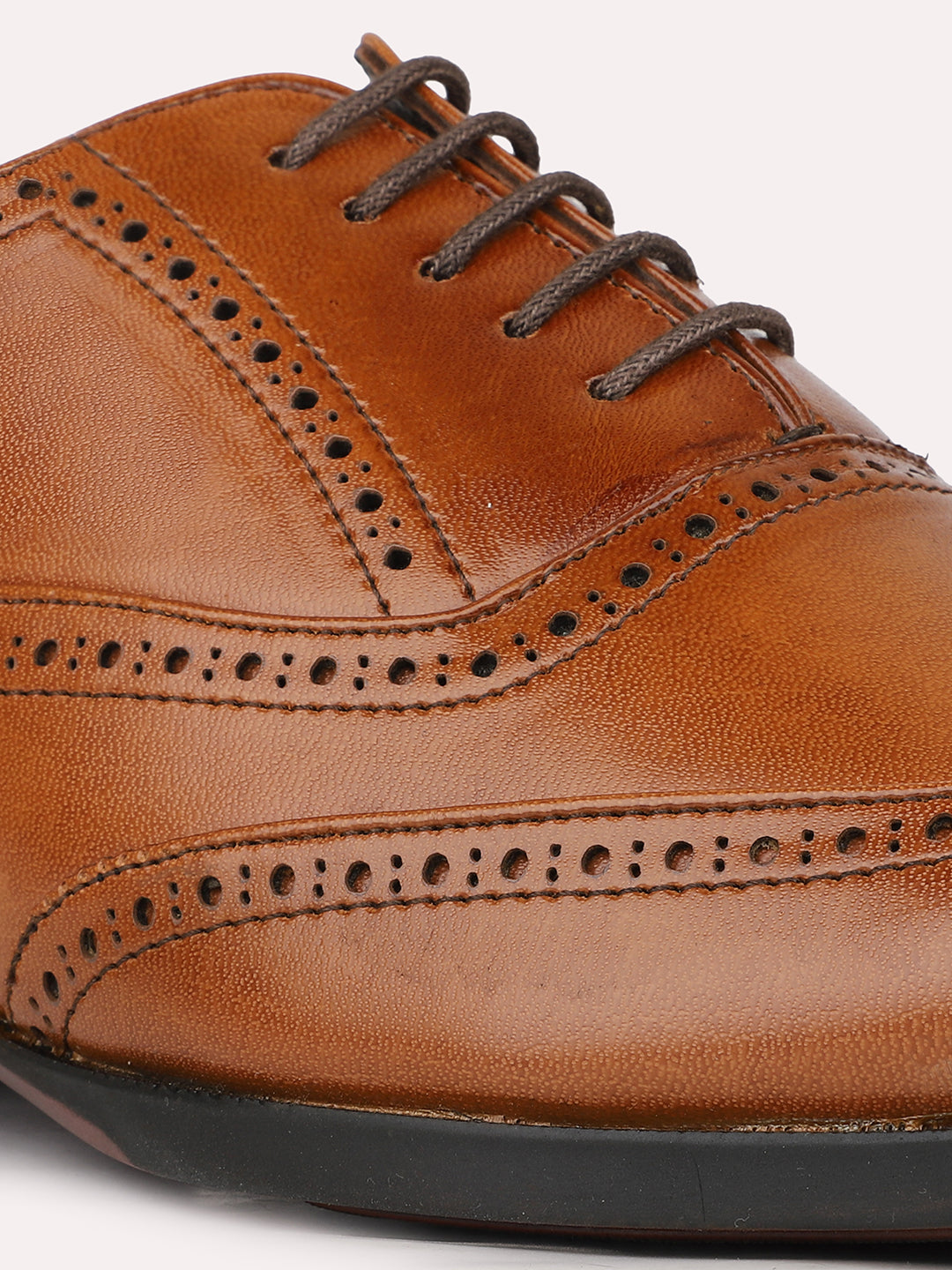 Mens Tan Solid Formal Oxford Leather Brogue Shoes