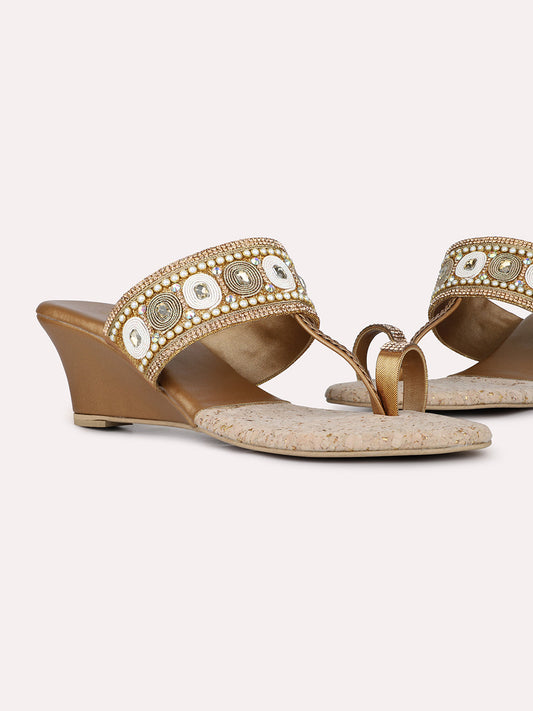 Womens Golden Ethnic Embellished One Toe Wedges Heels