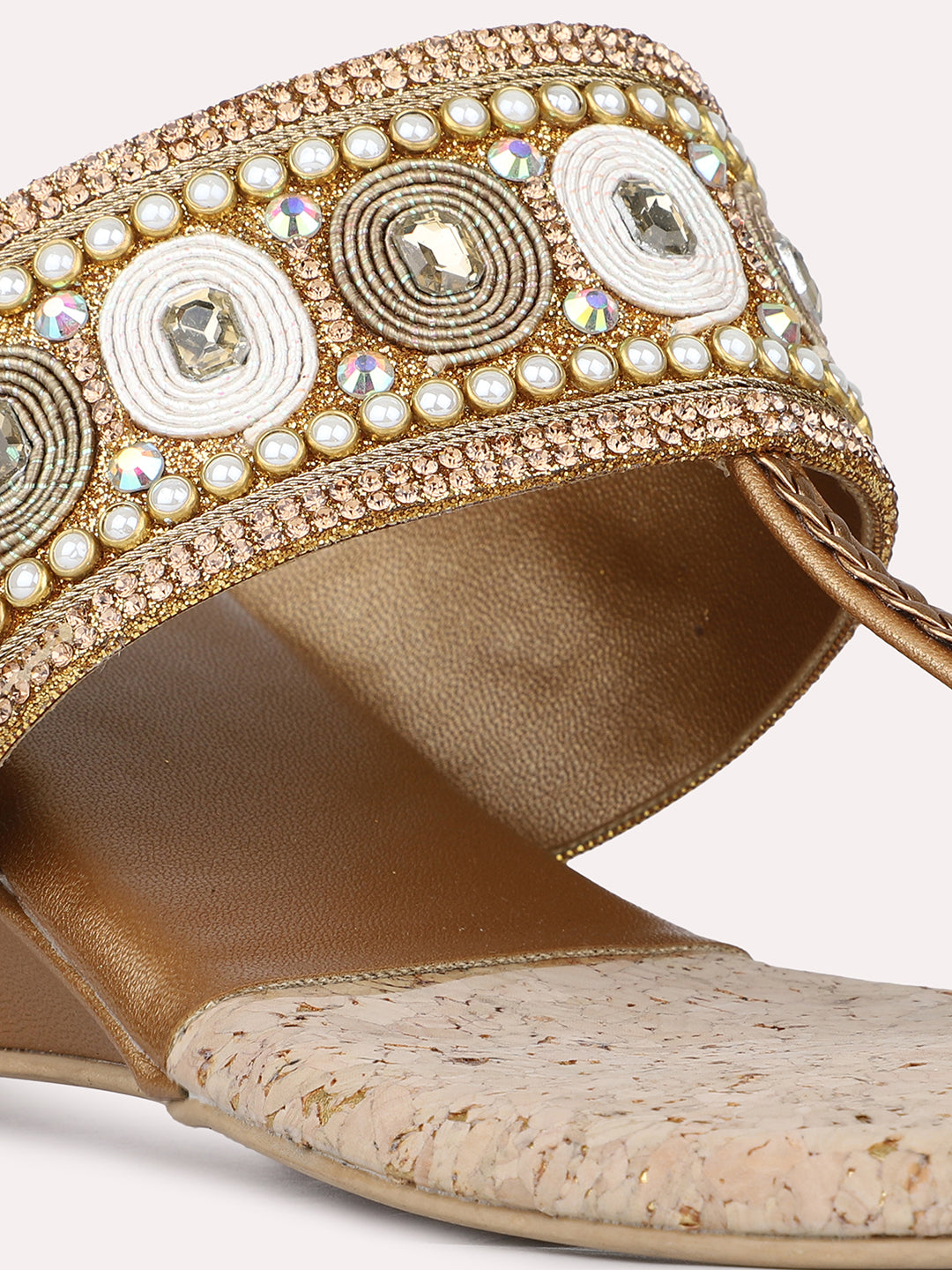 Womens Golden Ethnic Wear Embellished Round Toe Wedge Heels
