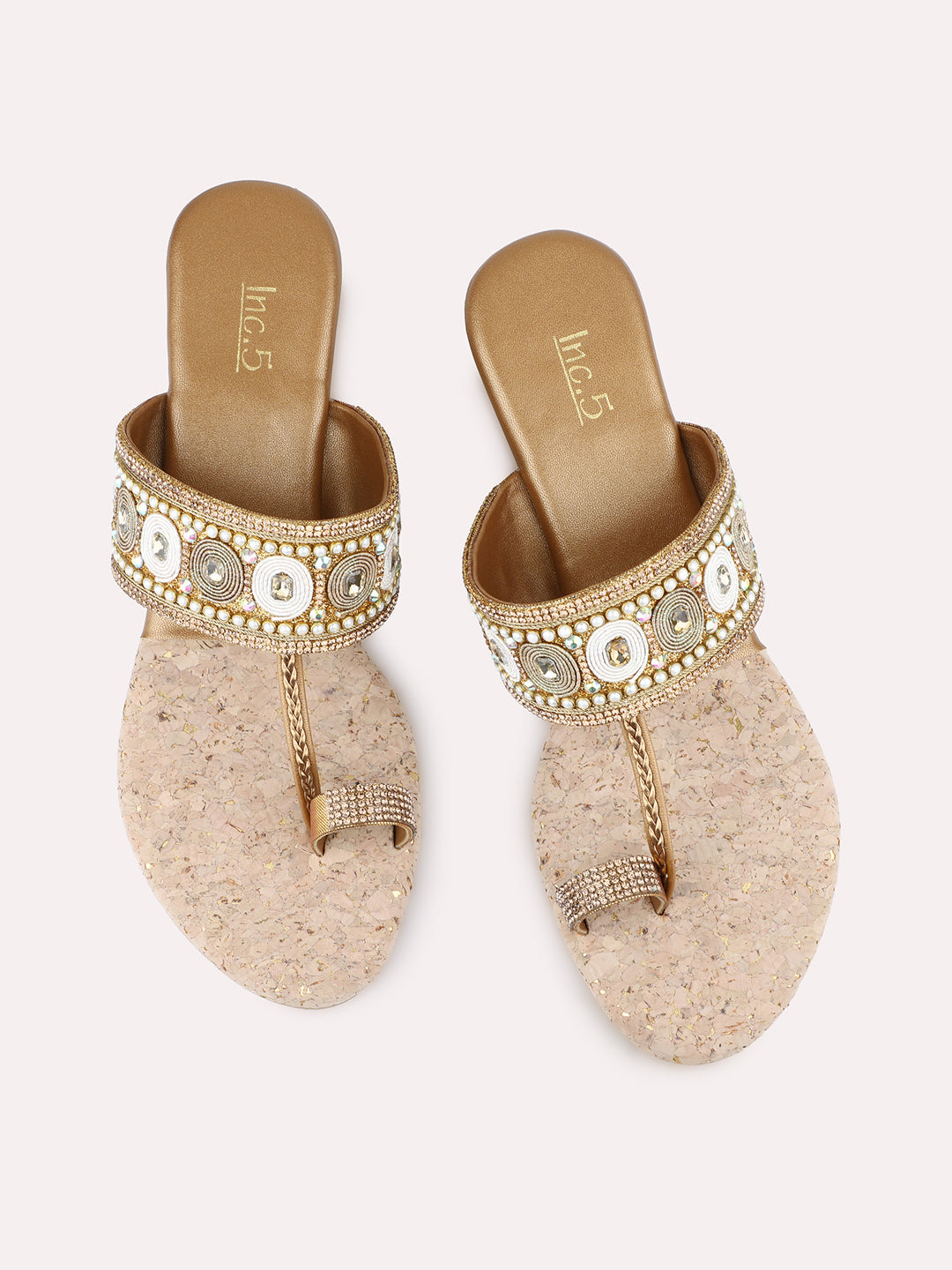 Womens Golden Ethnic Wear Embellished Round Toe Wedge Heels