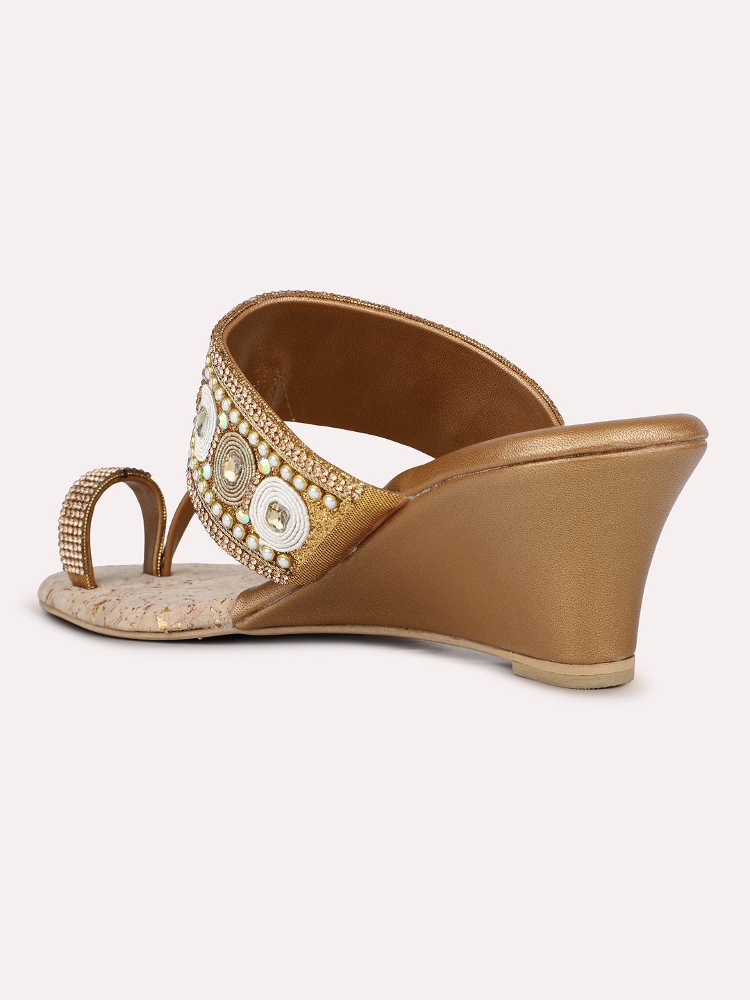 Womens Golden Ethnic Embellished One Toe Wedges Heels