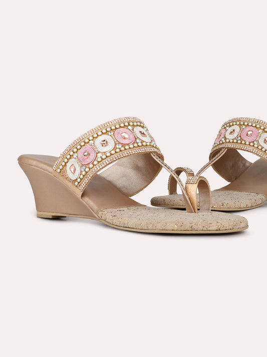 Womens Rose Gold Ethnic Embellished One Toe Wedges Heels