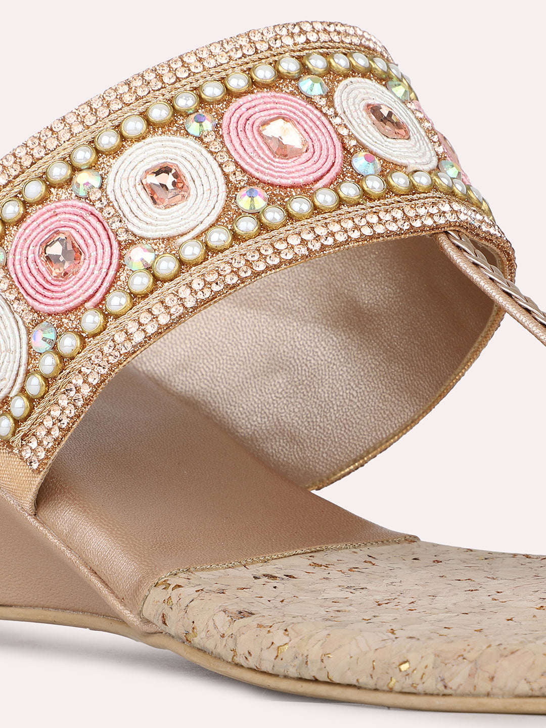 Womens Rose Gold Ethnic Embellished Round Toe Wedge Heels