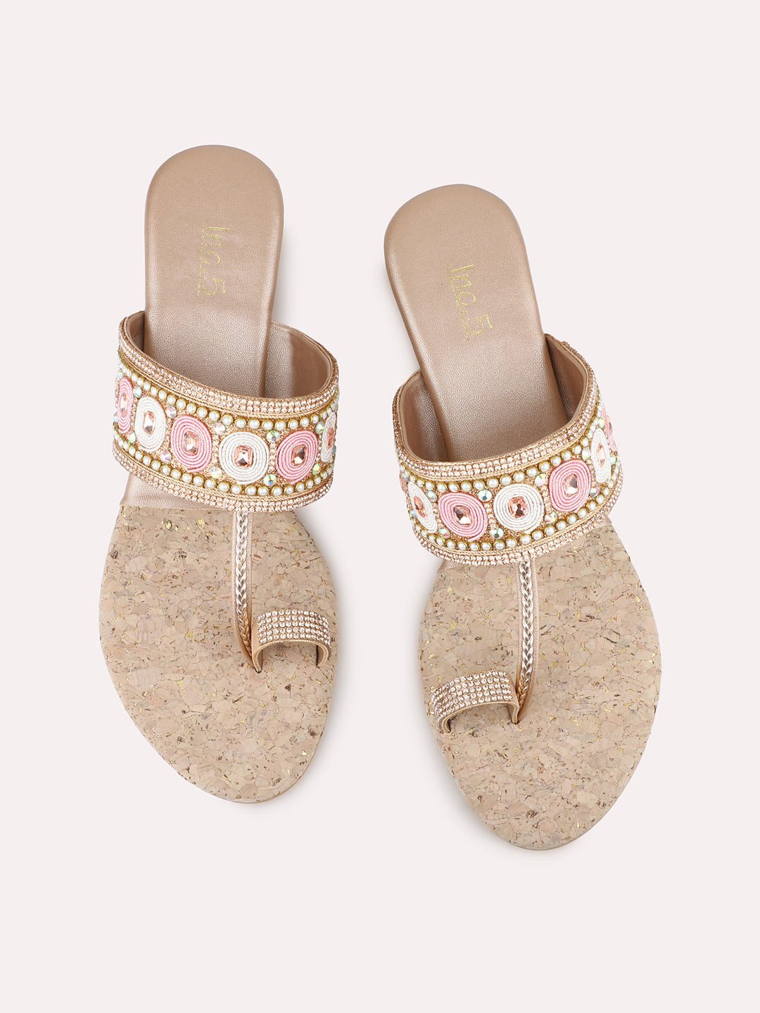 Womens Rose Gold Ethnic Embellished One Toe Wedges Heels