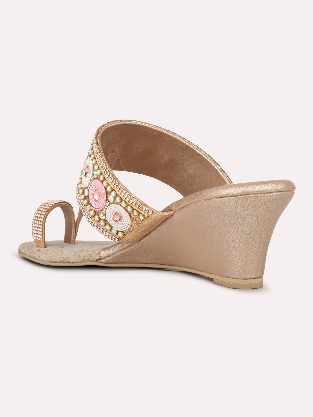 Womens Rose Gold Ethnic Embellished Round Toe Wedge Heels