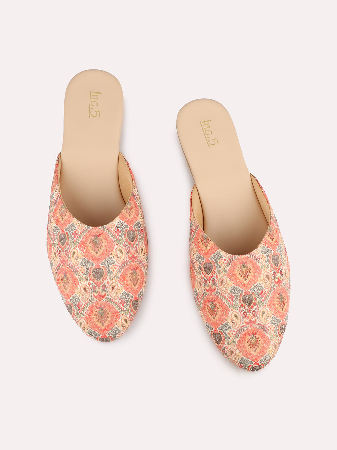 Womens Orange Ethnic Embellished Round Toe Flats