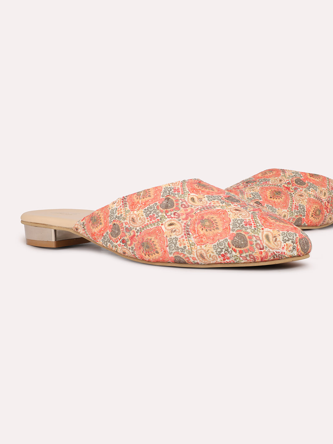 Womens Orange Ethnic Embellished Round Toe Flats