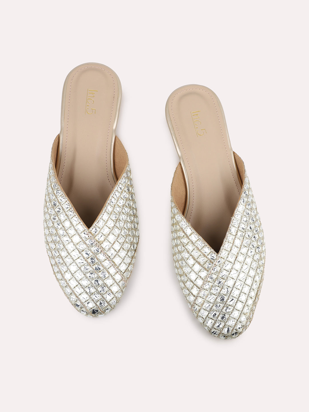 Womens Golden Ethnic Embellished Round Toe Flats