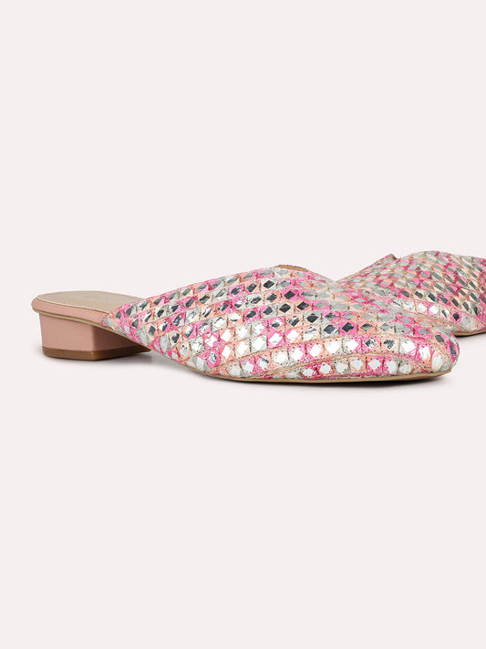 Womens Peach Ethnic Embellished Round Toe Flats