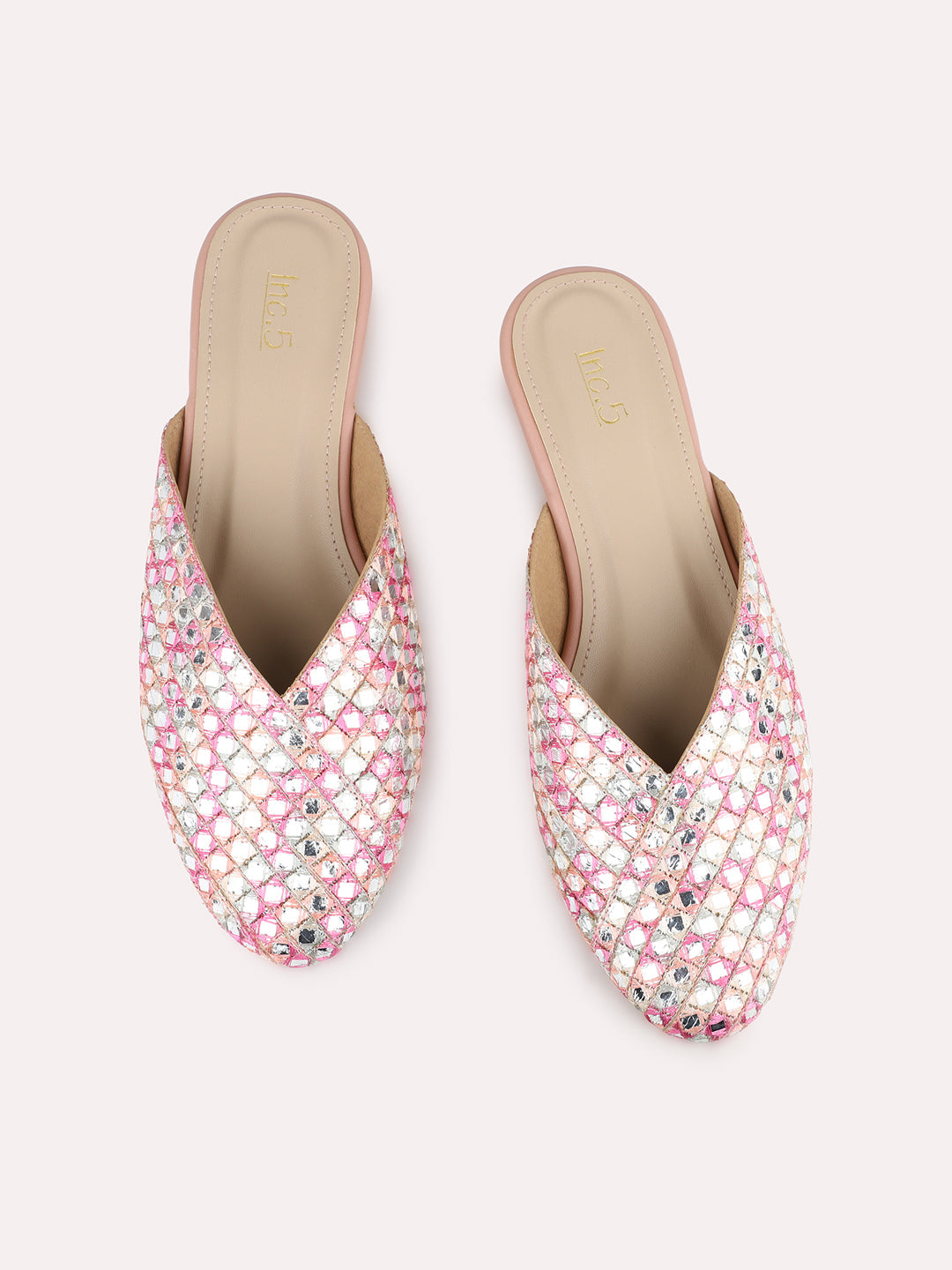 Womens Peach Ethnic Embellished Round Toe Flats