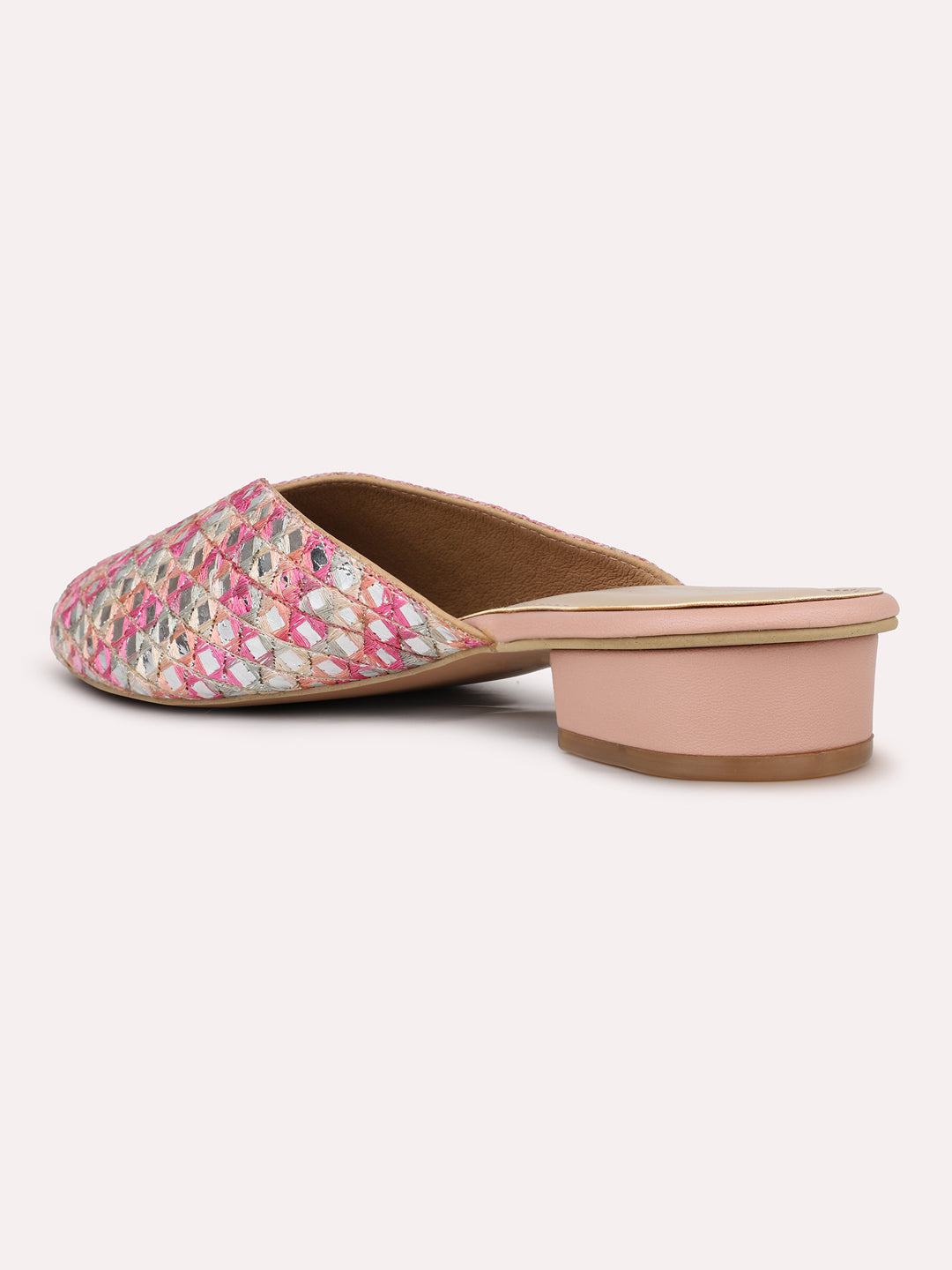 Womens Peach Ethnic Embellished Round Toe Flats