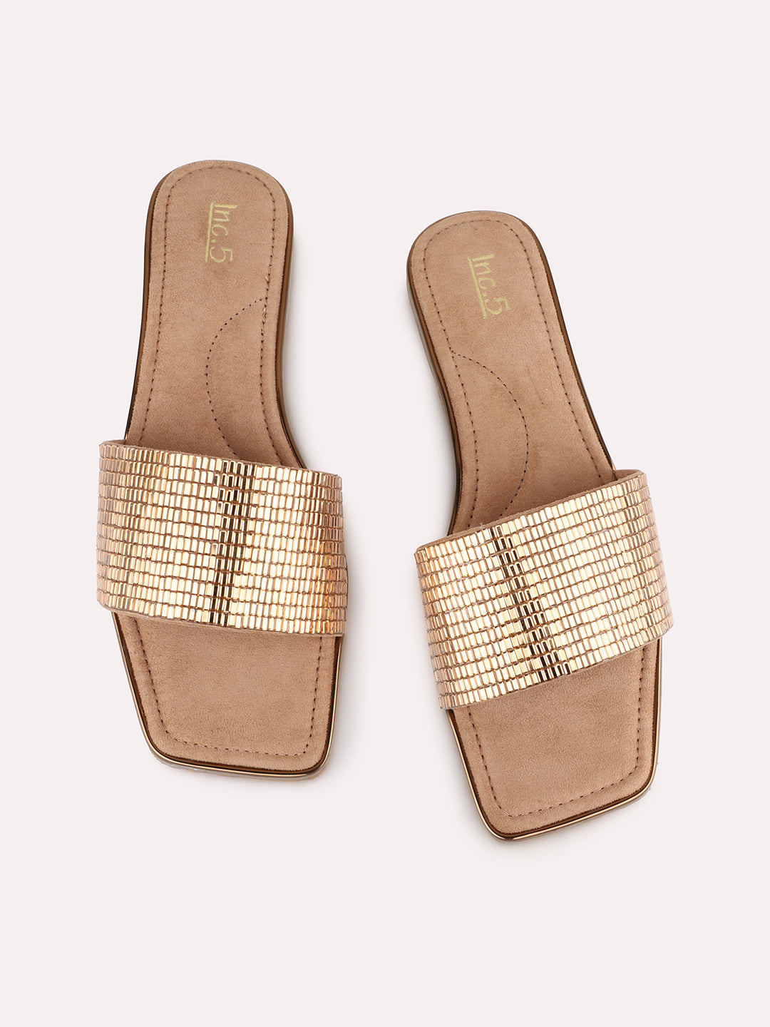 Womens Golden Casual Embellished Open Toe Flats