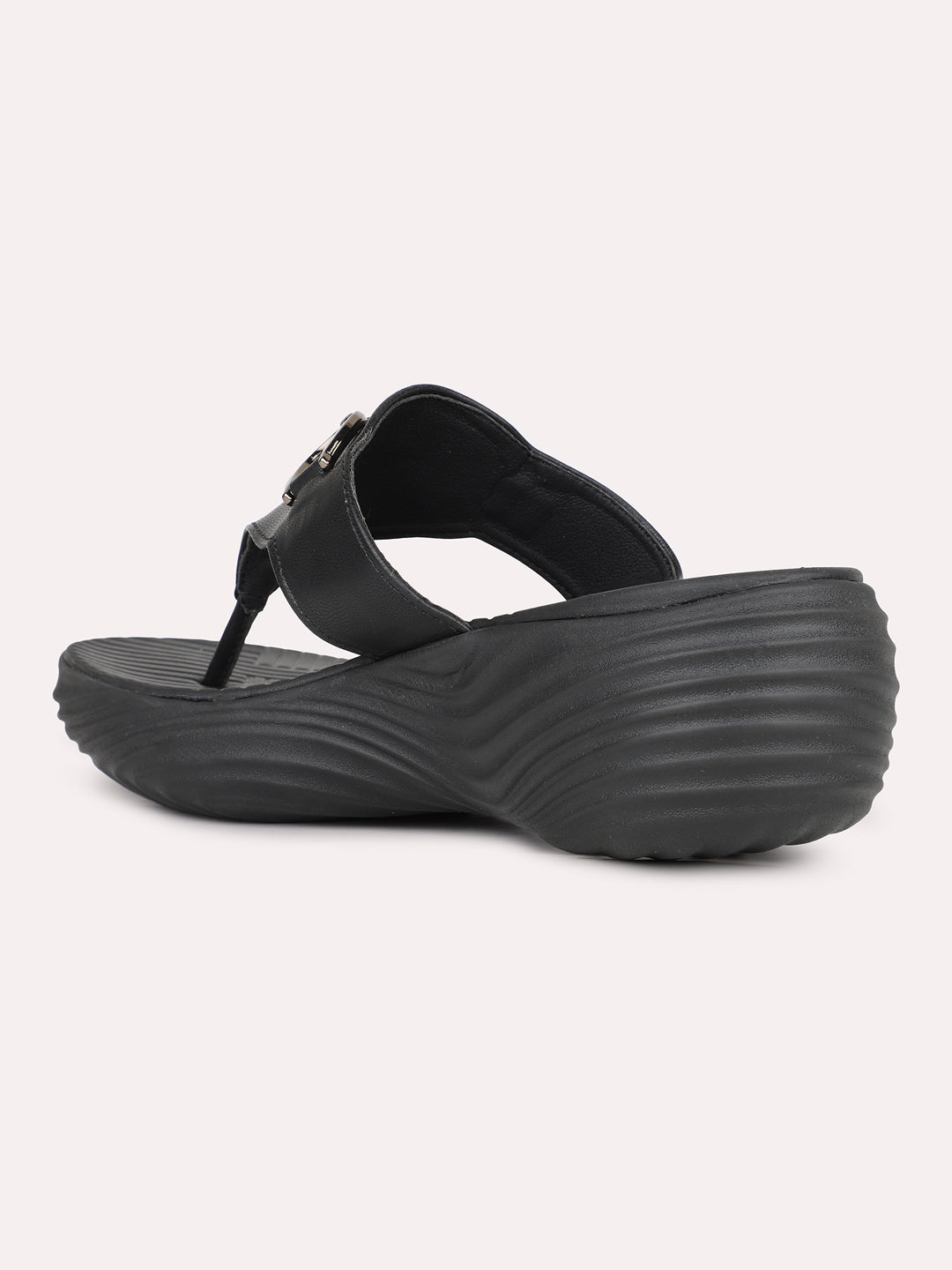 Womens Black Casual Solid T-Strap Sandals