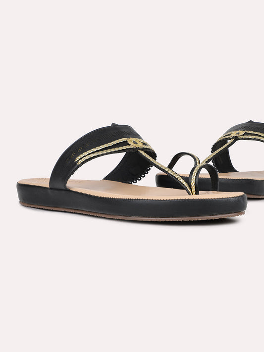 Womens Black Casual Embellished One Flat Sandals