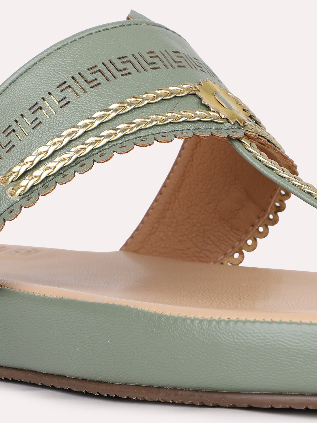 Womens Green Casual Embellished One Flat Sandals