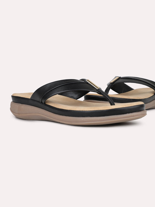 Womens Black Casual Solid T-Strap Flat Sandals