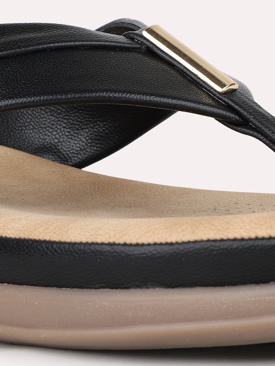 Womens Black Casual Solid T-Strap Flats