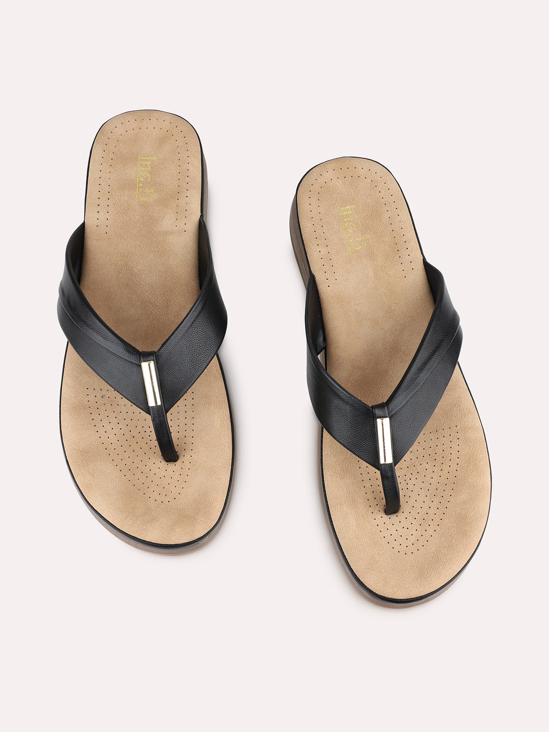 Womens Black Casual Solid T-Strap Flats