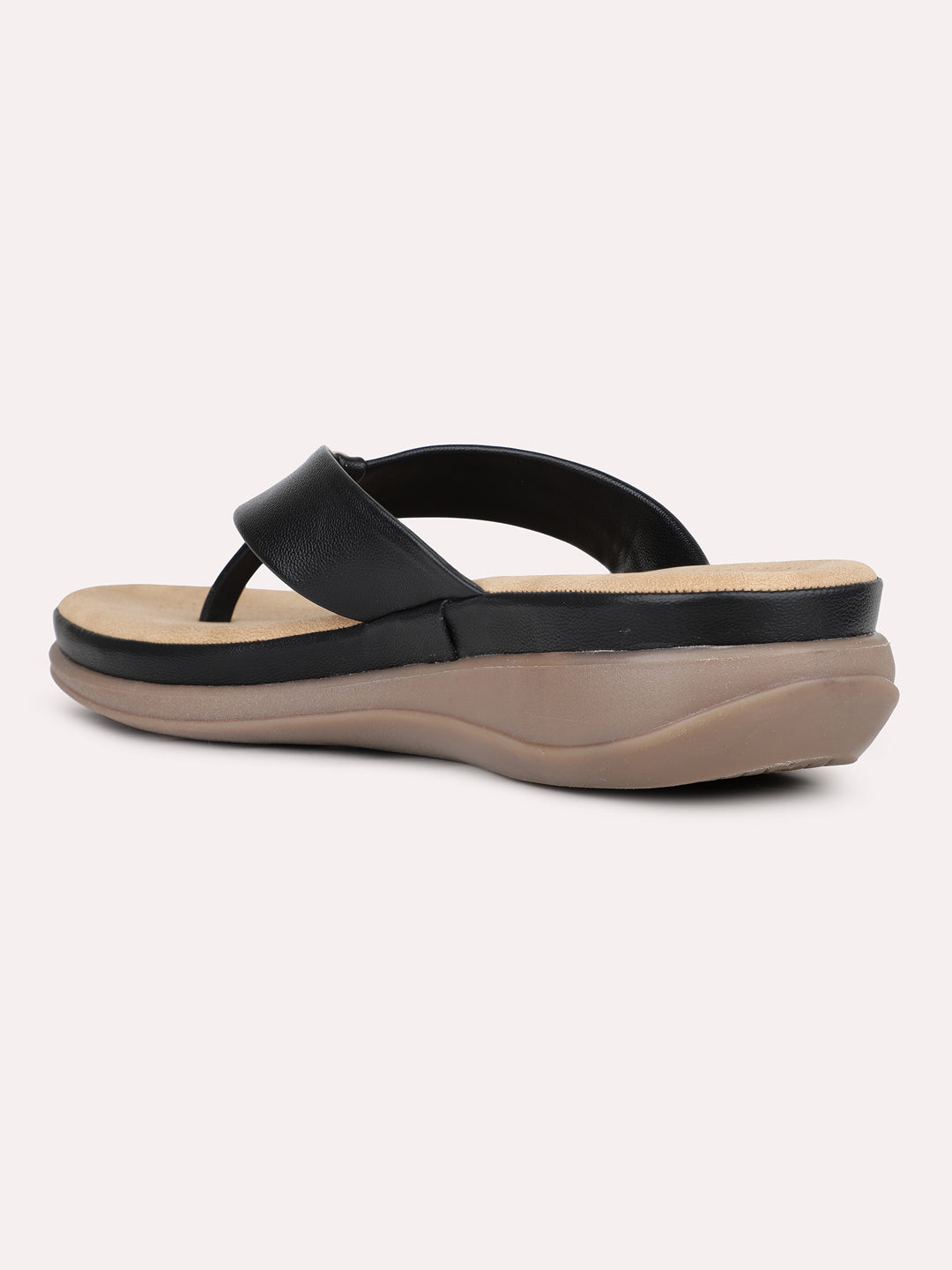 Womens Black Casual Solid T-Strap Flat Sandals