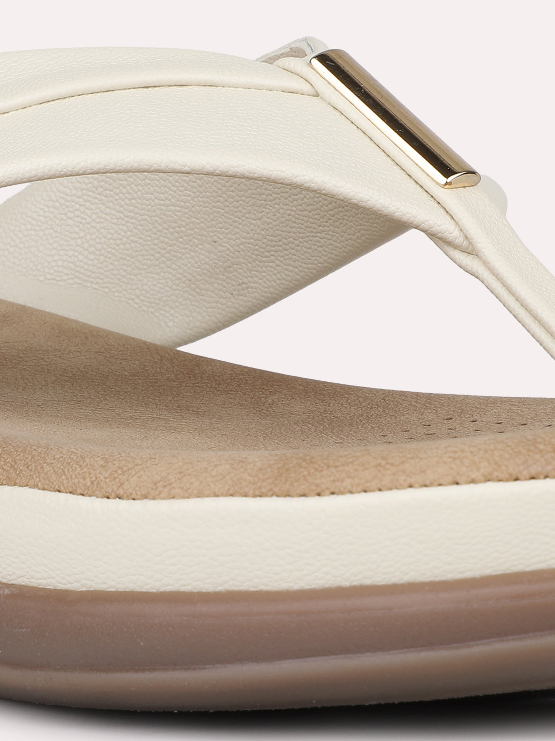 Womens Cream Casual Solid T-Strap Flats