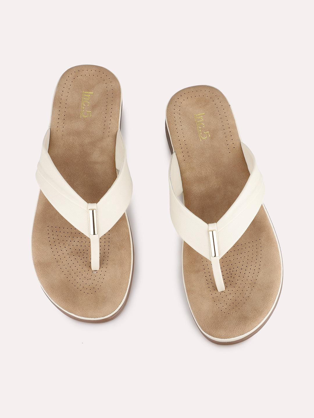 Womens Cream Casual Solid T-Strap Flats