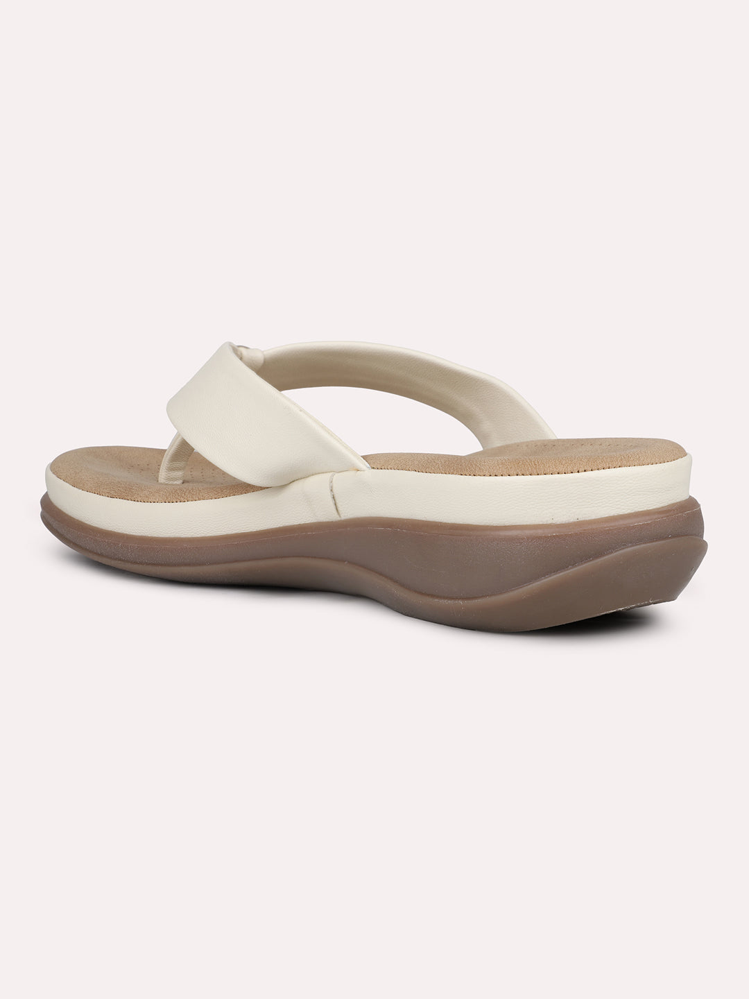 Womens Cream Casual Solid T-Strap Flat Sandals