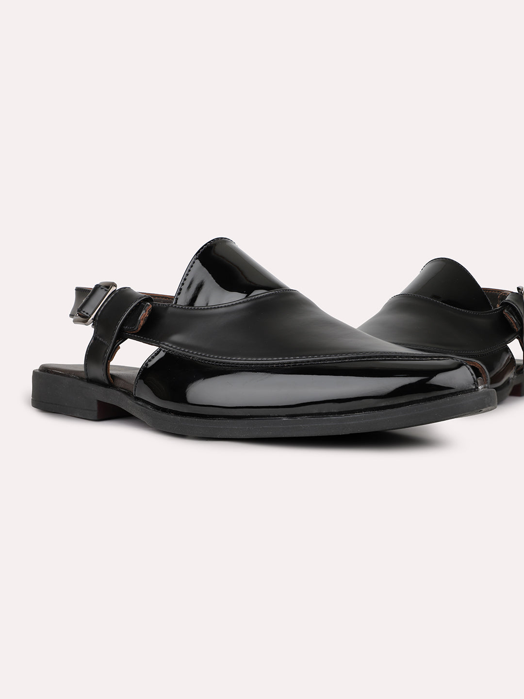 Mens Black Solid Round Toe Casual Leather Sandals