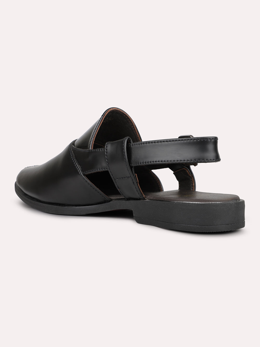 Mens Black Solid Round Toe Casual Leather Sandals