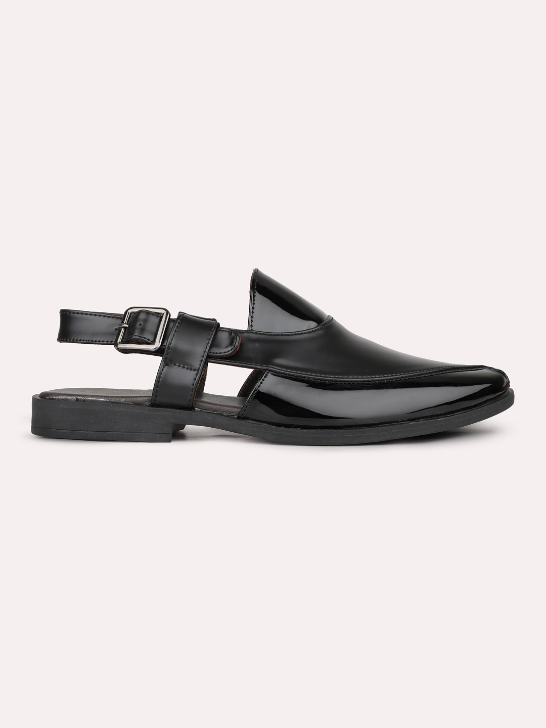 Mens Black Solid Round Toe Casual Leather Sandals