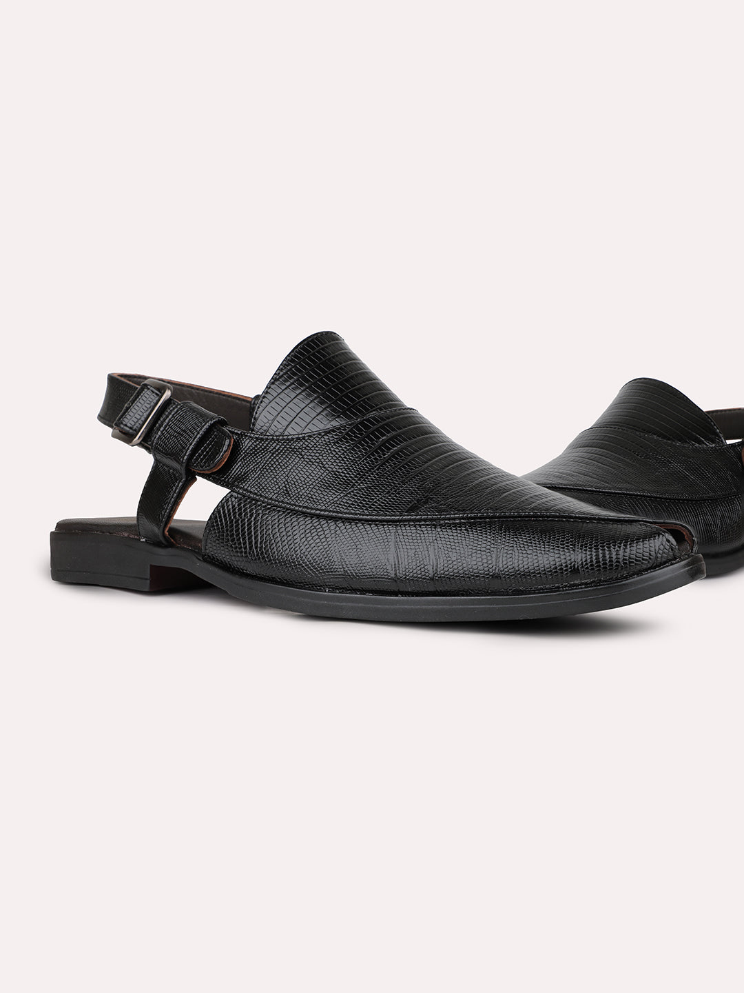 Mens Black Solid Round Toe Casual Leather Sandals