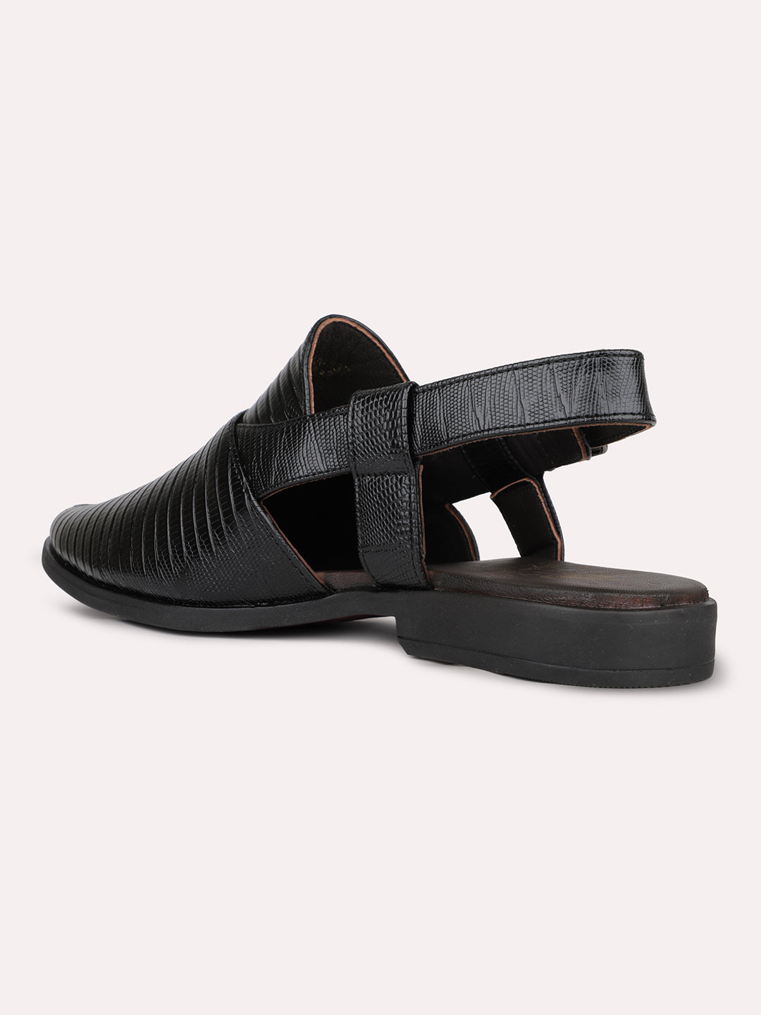 Mens Black Solid Round Toe Casual Leather Sandals