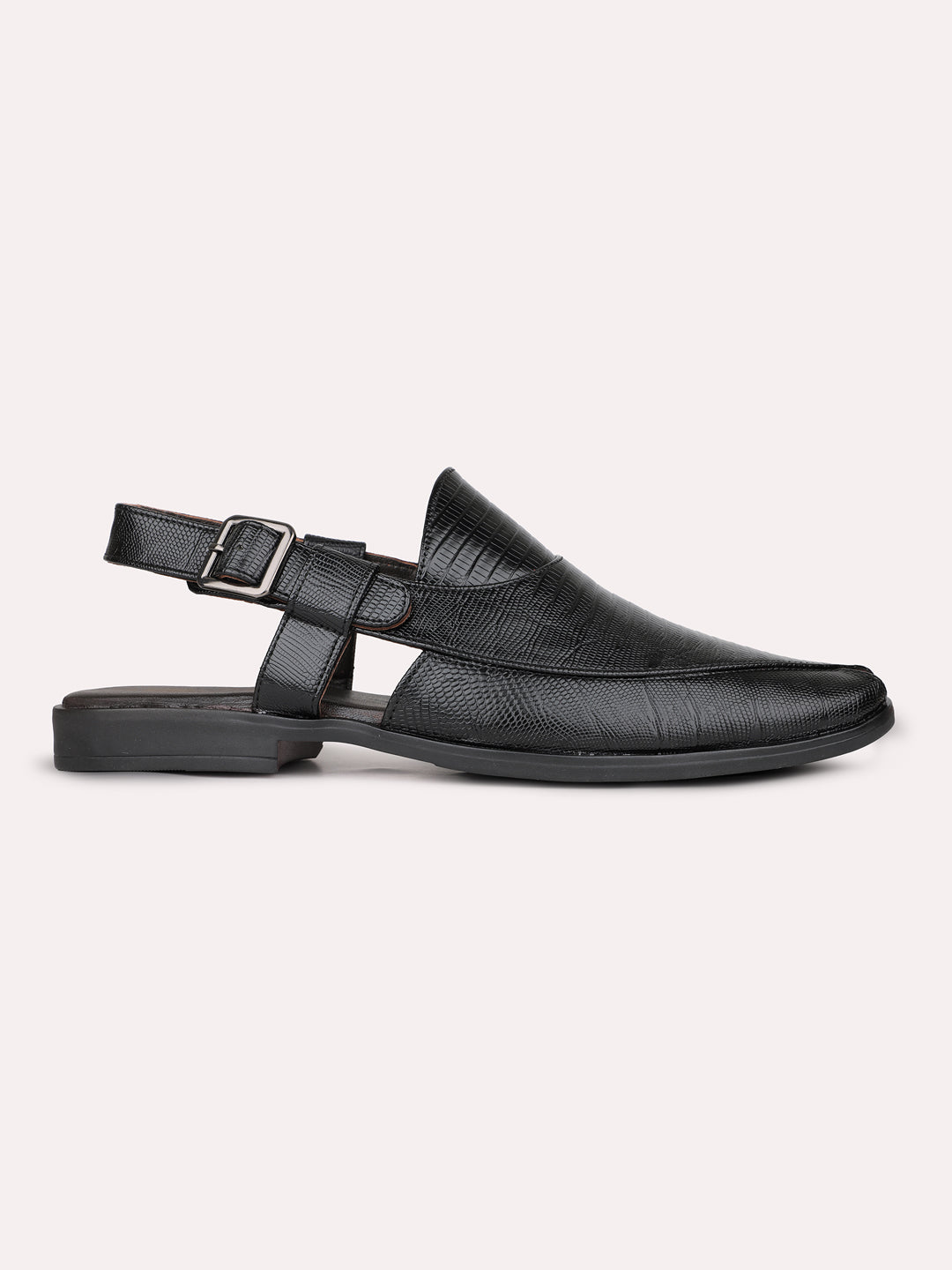 Mens Black Solid Round Toe Casual Leather Sandals