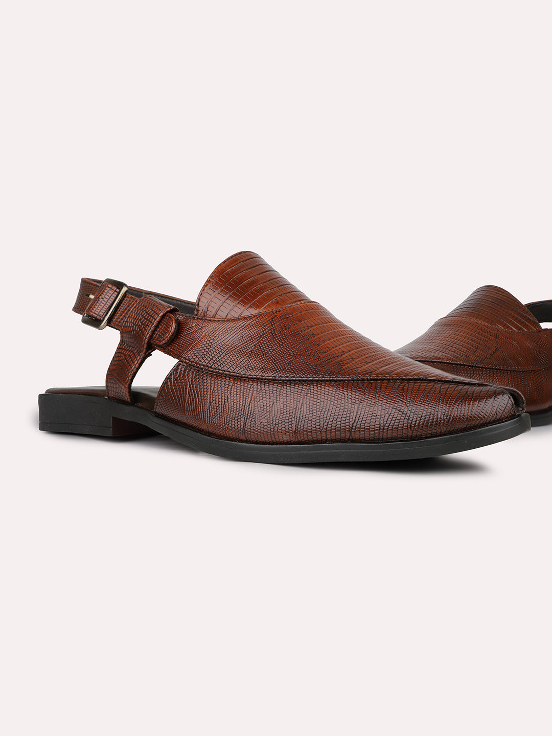 Mens Brown Solid Round Toe Casual Leather Sandals