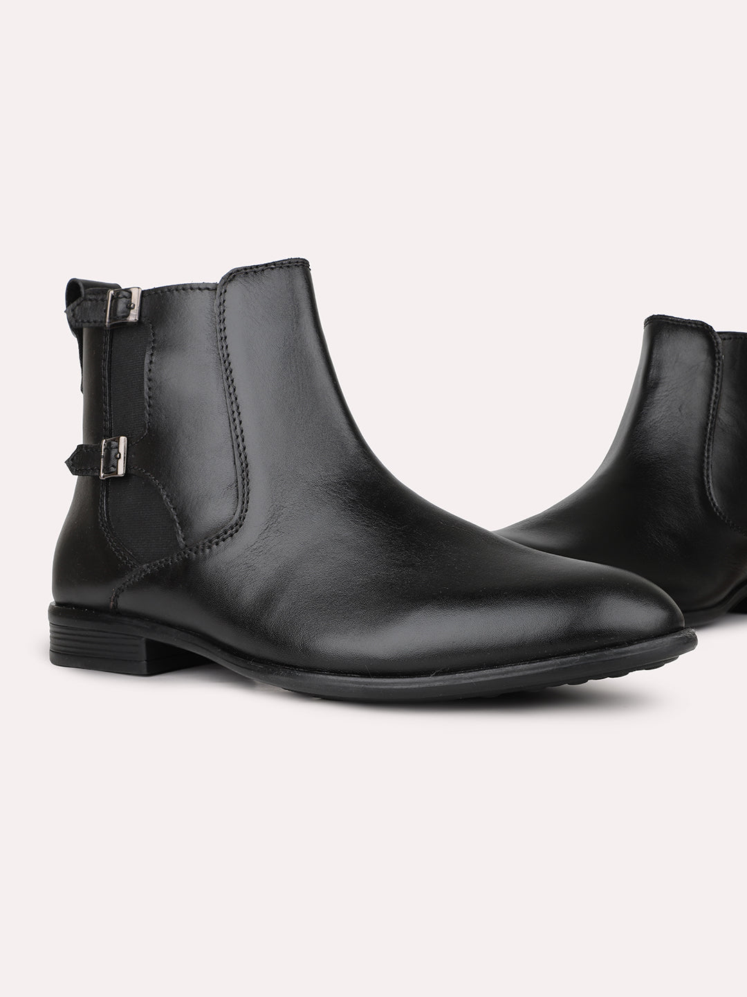 Mens Black Solid Pointed Toe Leather Boots