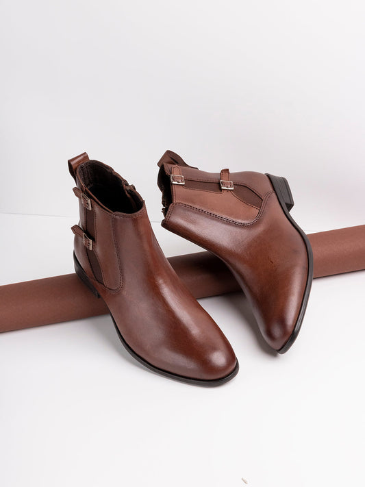 Mens Brown Solid Pointed Toe Leather Boots