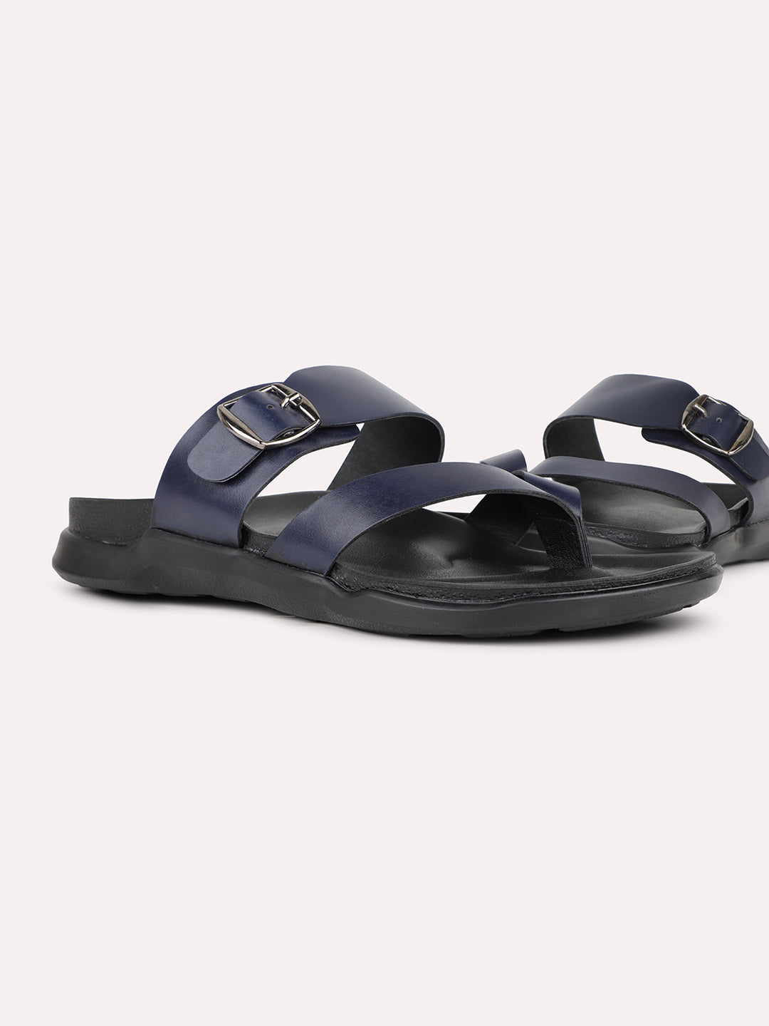 Mens Blue Solid Round Toe Casual Open Toe Flat Slip-On Sandals