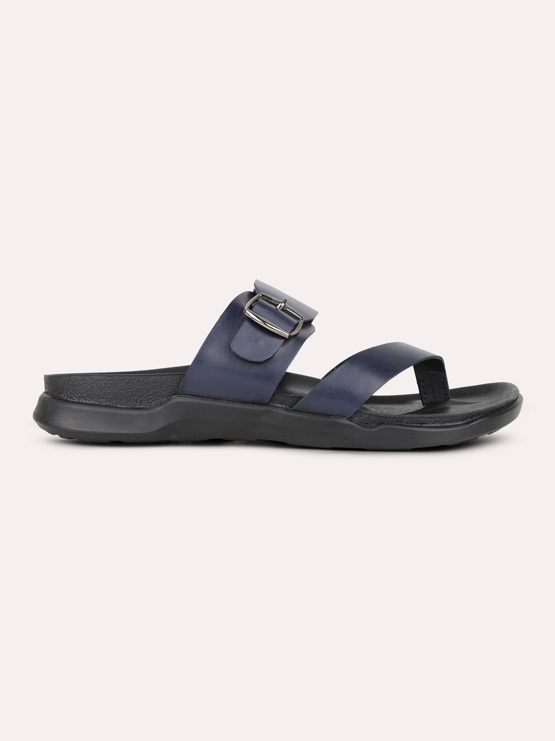 Mens Blue Solid Round Toe Casual Open Toe Flat Slip-On Sandals