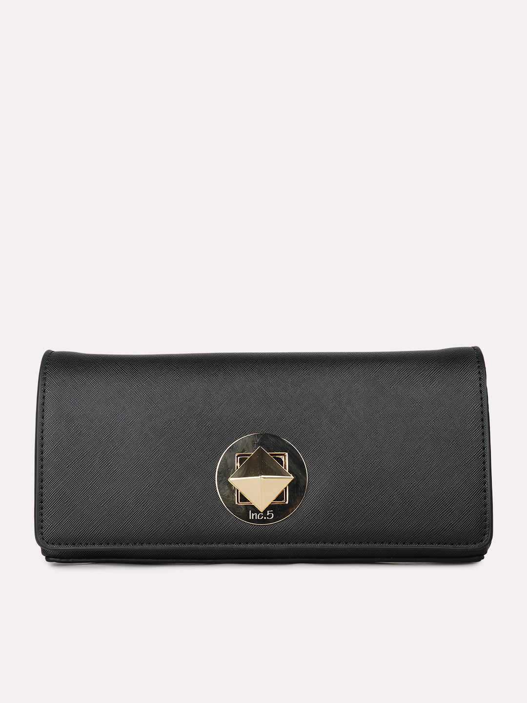 Women Black Textured Clutch Bag With Twist Lock For Casual