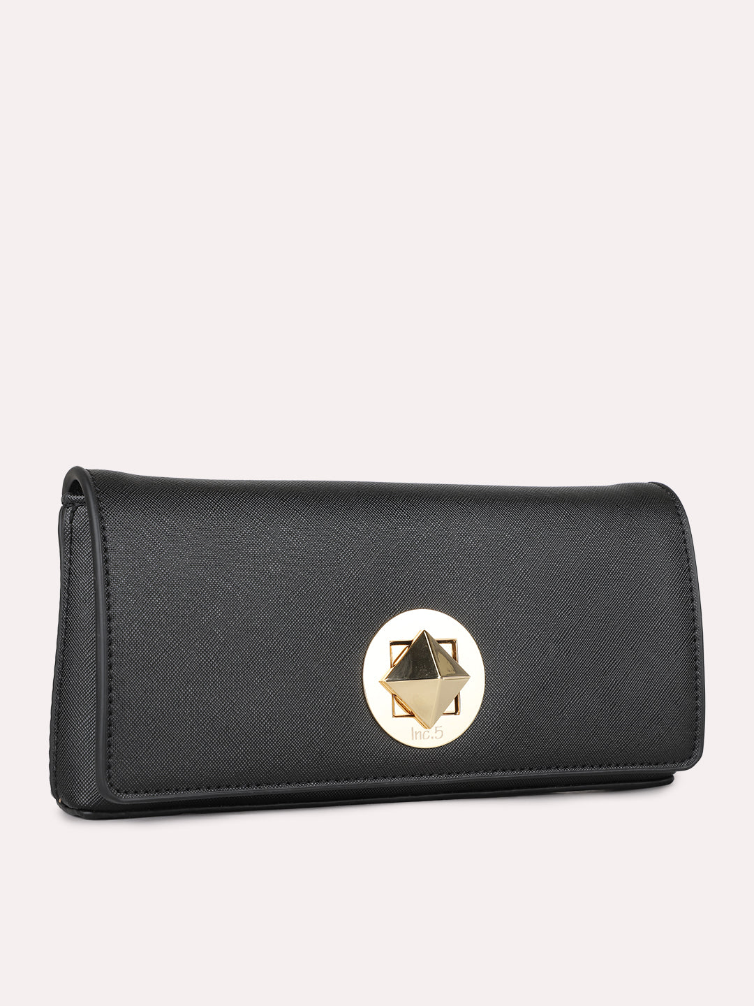 Women Black Textured Clutch Bag With Twist Lock For Casual