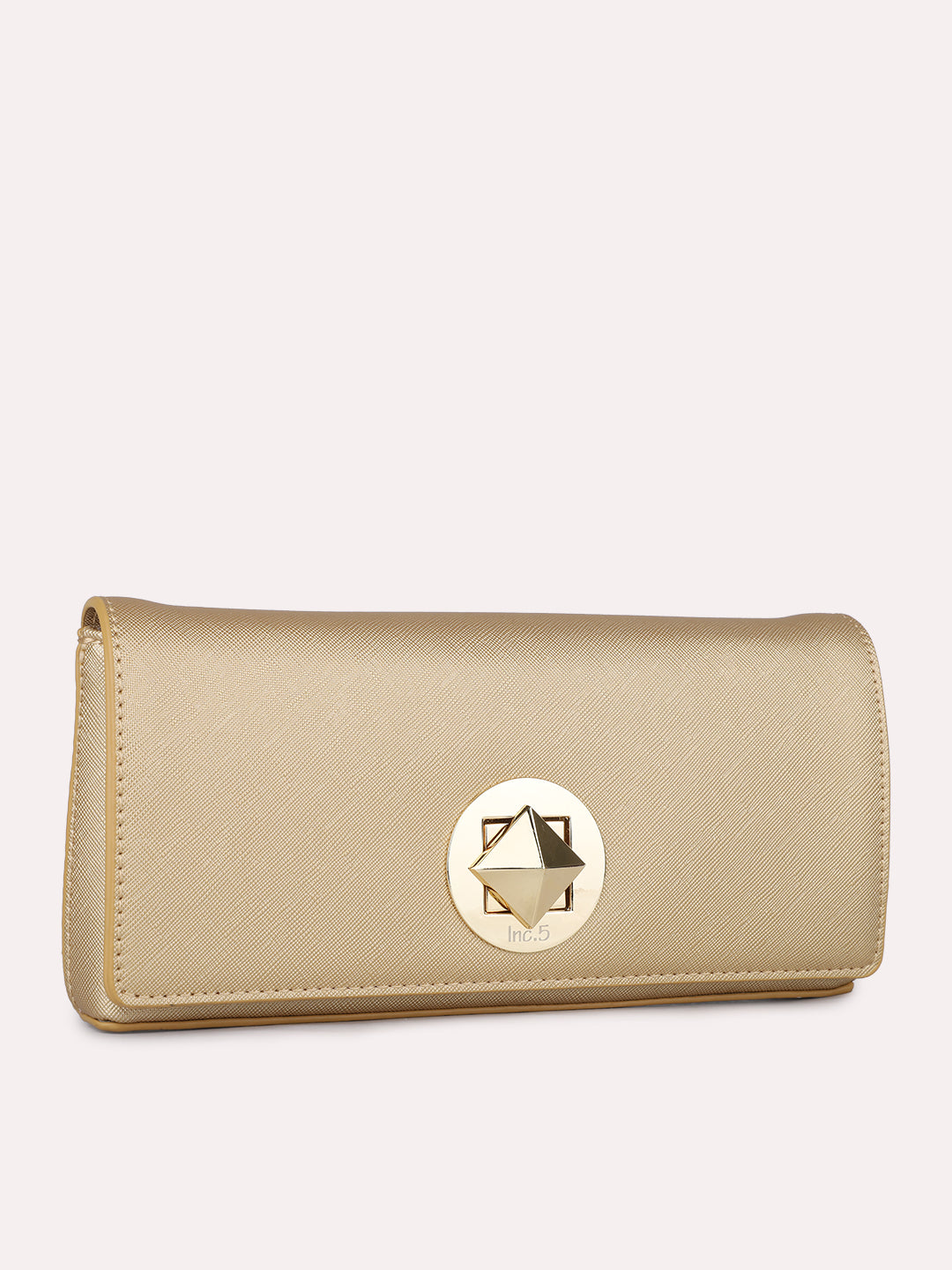 Women Gold Textured Clutch Bag With Twist Lock For Casual