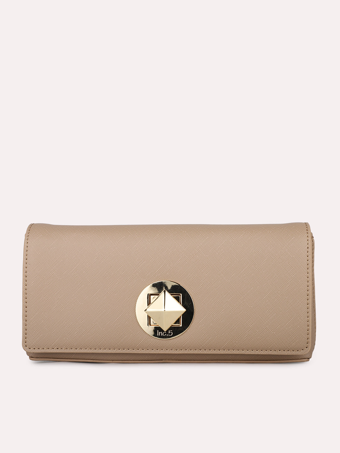 Women Beige Textured Clutch Bag With Twist Lock For Casual