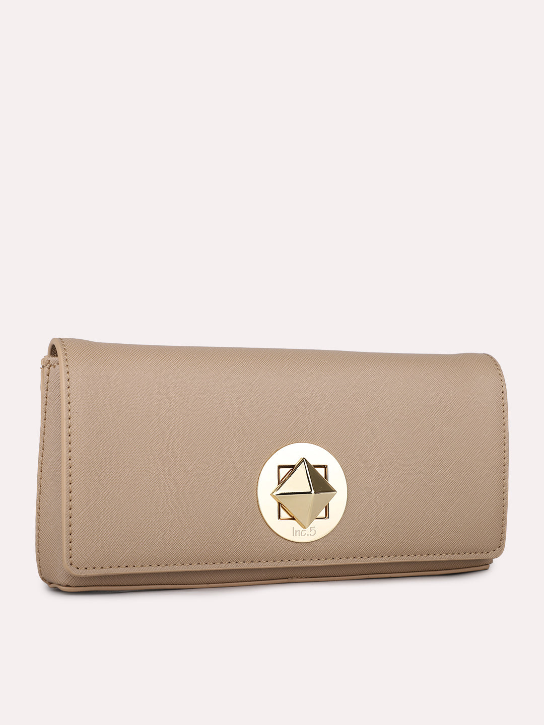Women Beige Textured Clutch Bag With Twist Lock For Casual